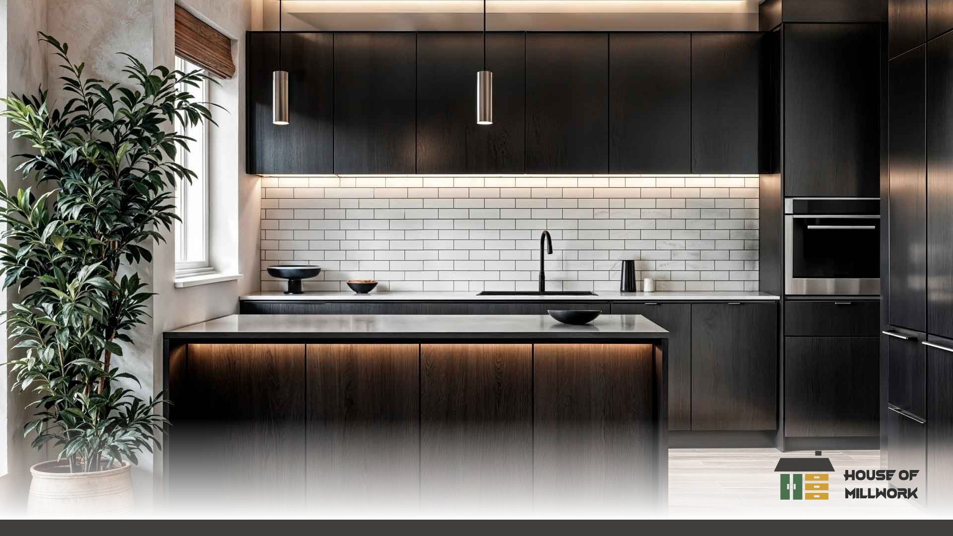 Detailed steps for measuring your kitchen paired with local cabinetmaking scenes showing table saw, clamps, and cut list.