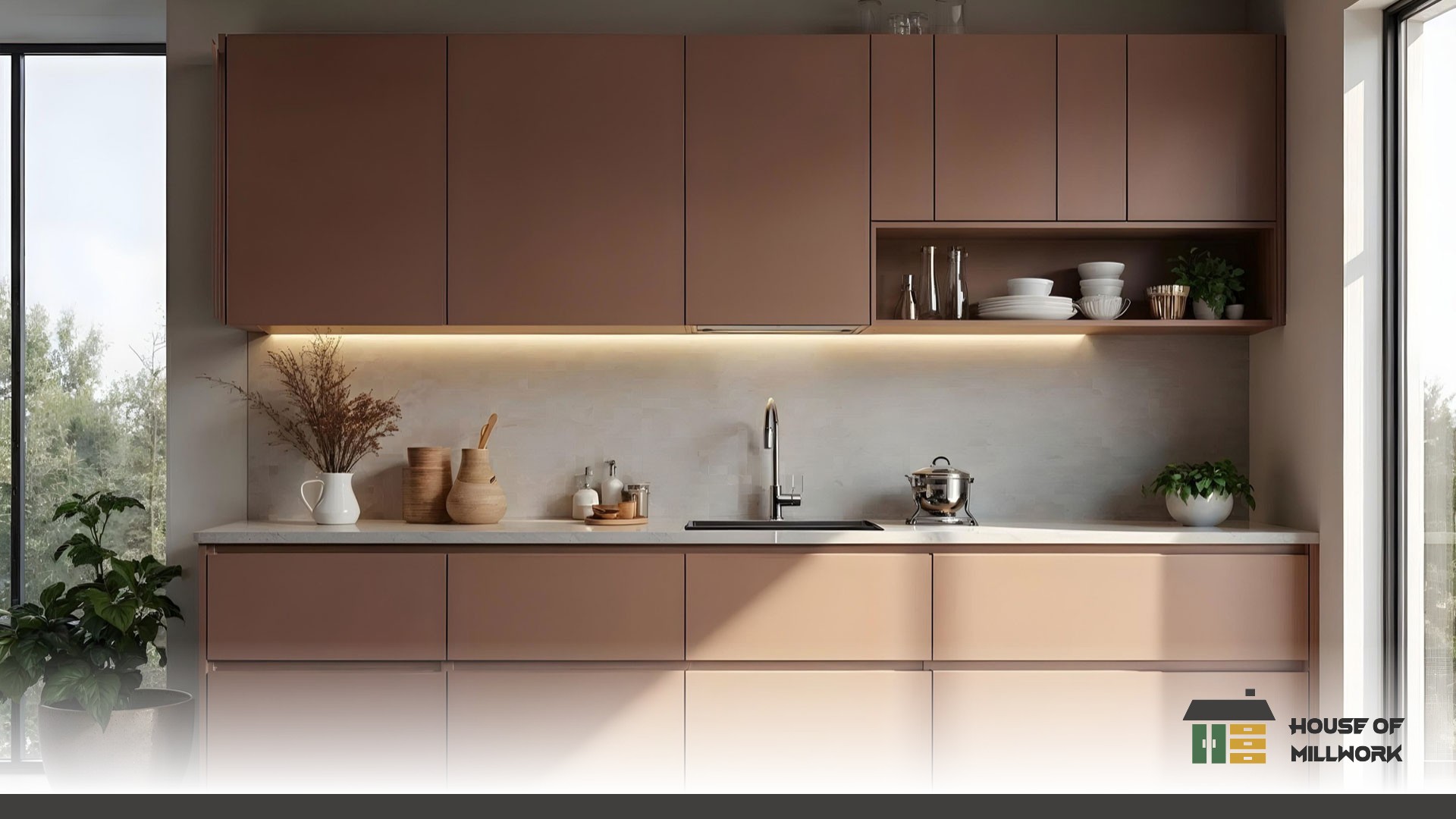 Quartz waterfall edge on an island countertop, highlighting styles and value in RONA versus custom kitchen cabinets.