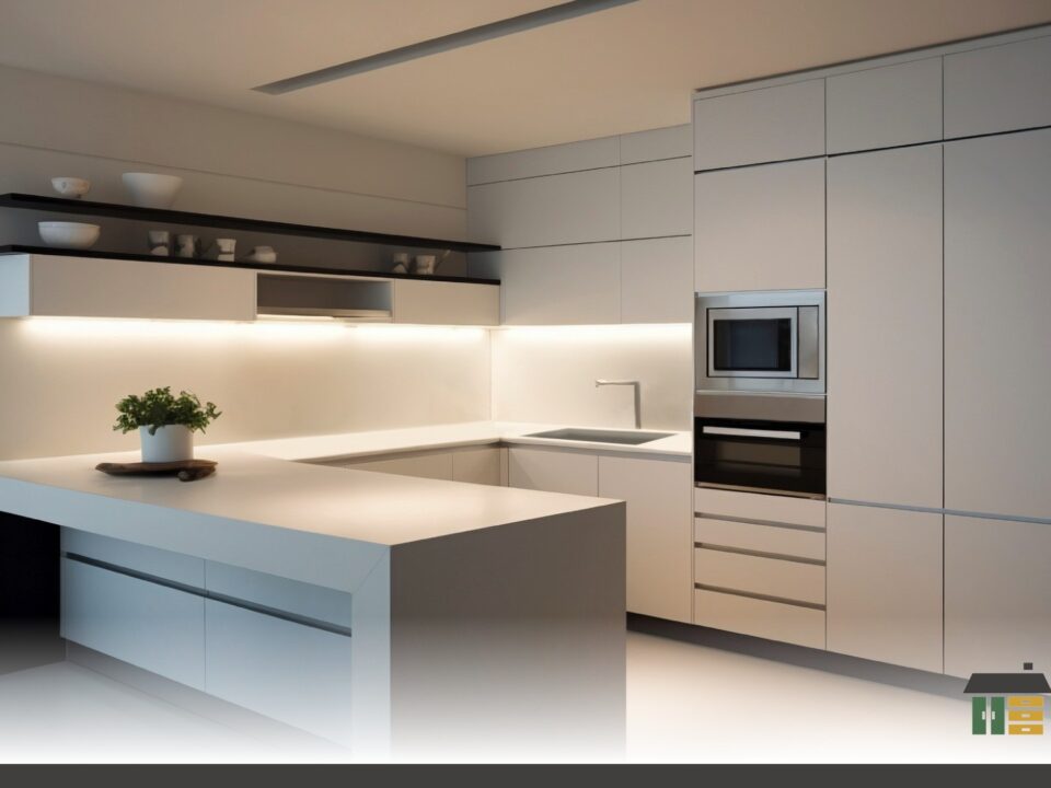 Modern kitchen cabinets for Vancouver Island homes featuring custom shaker-door design in matte white with handles.