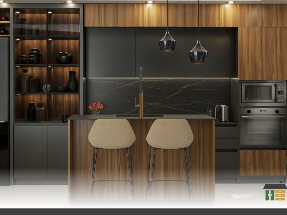 Comparison of plywood and particleboard cabinets featuring a custom shaker-door kitchen with matte white finish and handles.