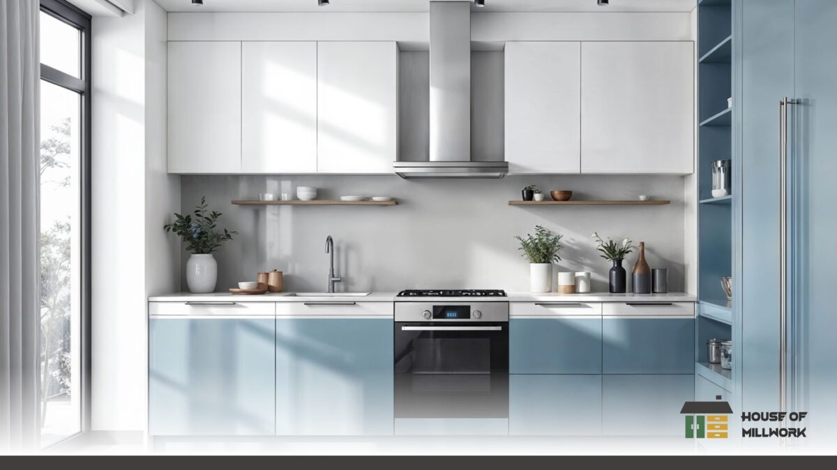 Custom shaker-door kitchen cabinets with matte white finish and handles, showcasing options from RONA vs custom on the island.
