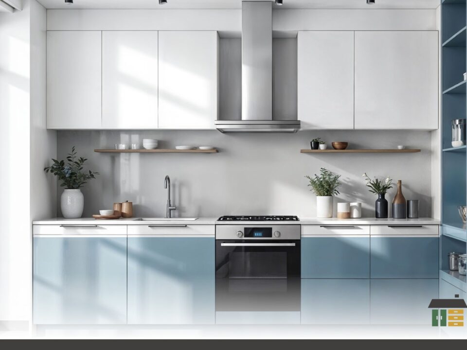 Custom shaker-door kitchen cabinets with matte white finish and handles, showcasing options from RONA vs custom on the island.