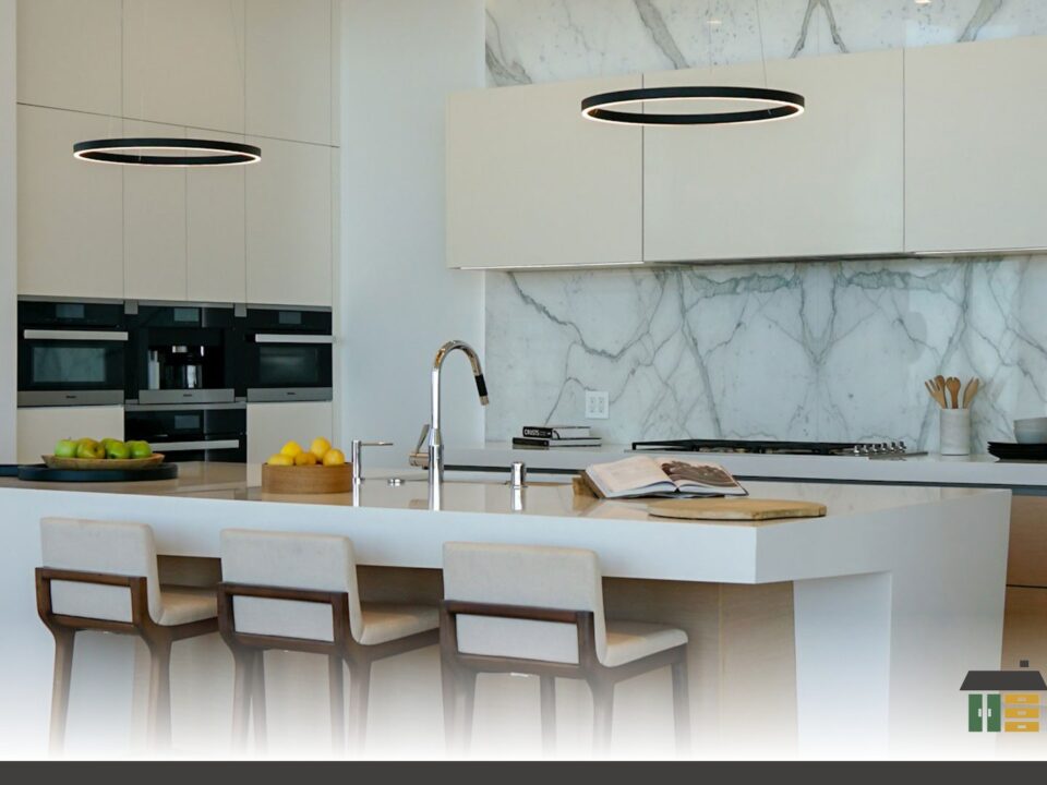 Light and bright quartz colours for coastal homes showcased in a custom matte white shaker-door kitchen with handles.