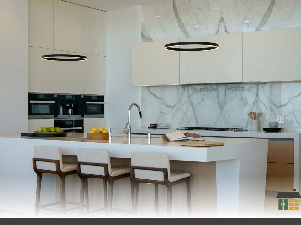 Design playbook featuring pairing quartz countertops with shaker cabinets in a custom matte white kitchen with handles.