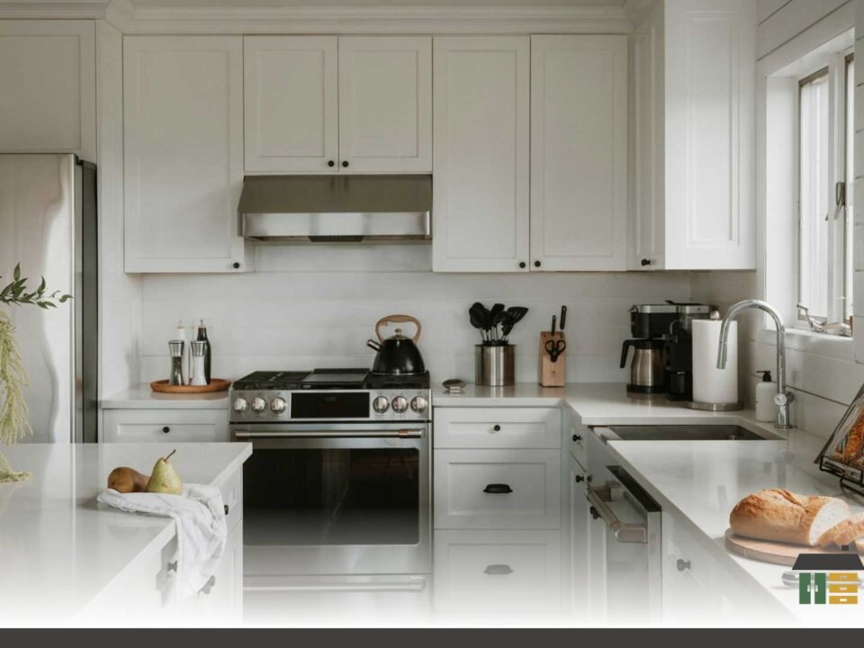 Quartz countertops in Nanaimo are showcased with custom shaker-door kitchens featuring matte white finishes and handles.