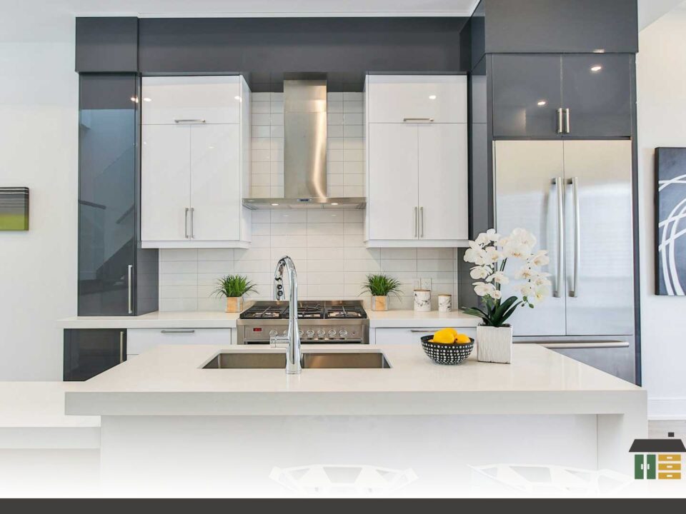 Guide to backsplash and countertop templating featuring custom shaker-door kitchens with matte white handles.